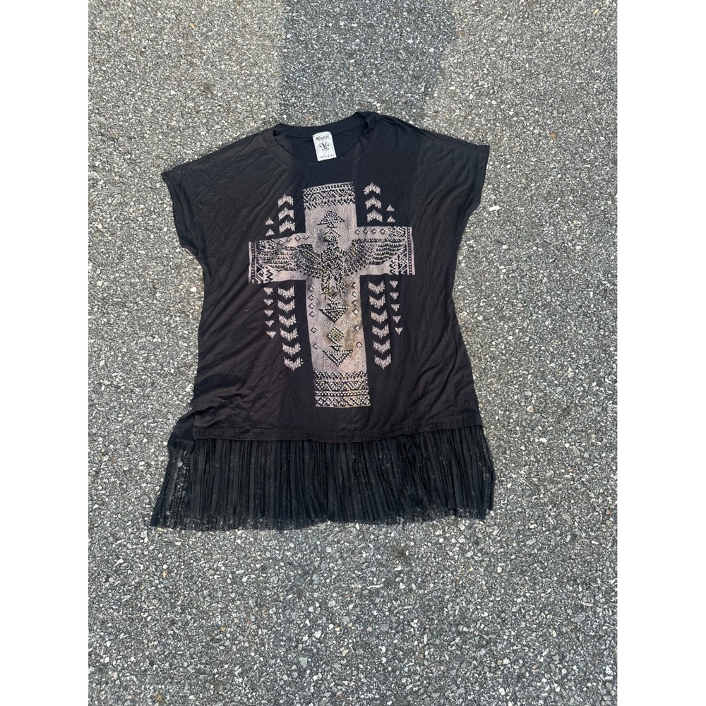 Y2K Vocal Womens XL Black Rhinestone Cross Eagle Fringe Hem T-Shirt Western Boho